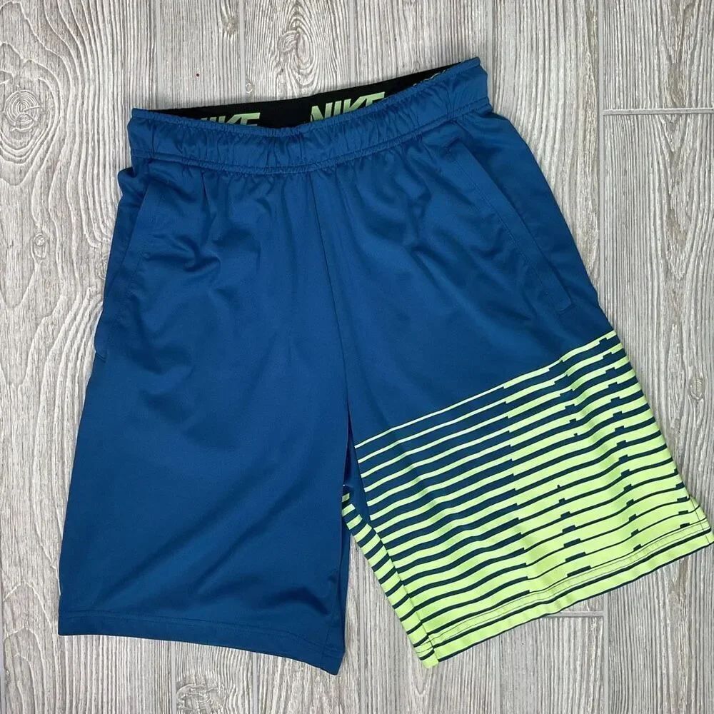 Nike Dri-Fit Basketball Shorts Men’s Small Blue Teal Neon Striped Graphic Elasti